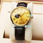 Replica Omega Watch Yellow Gold Dial Yellow Gold Bezel Black Leather Strap 42mm